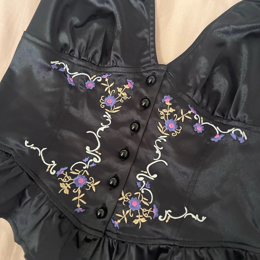 Kimchi Blue Black Satin Halter Top with Embroidered Florals - Picture 3 of 4